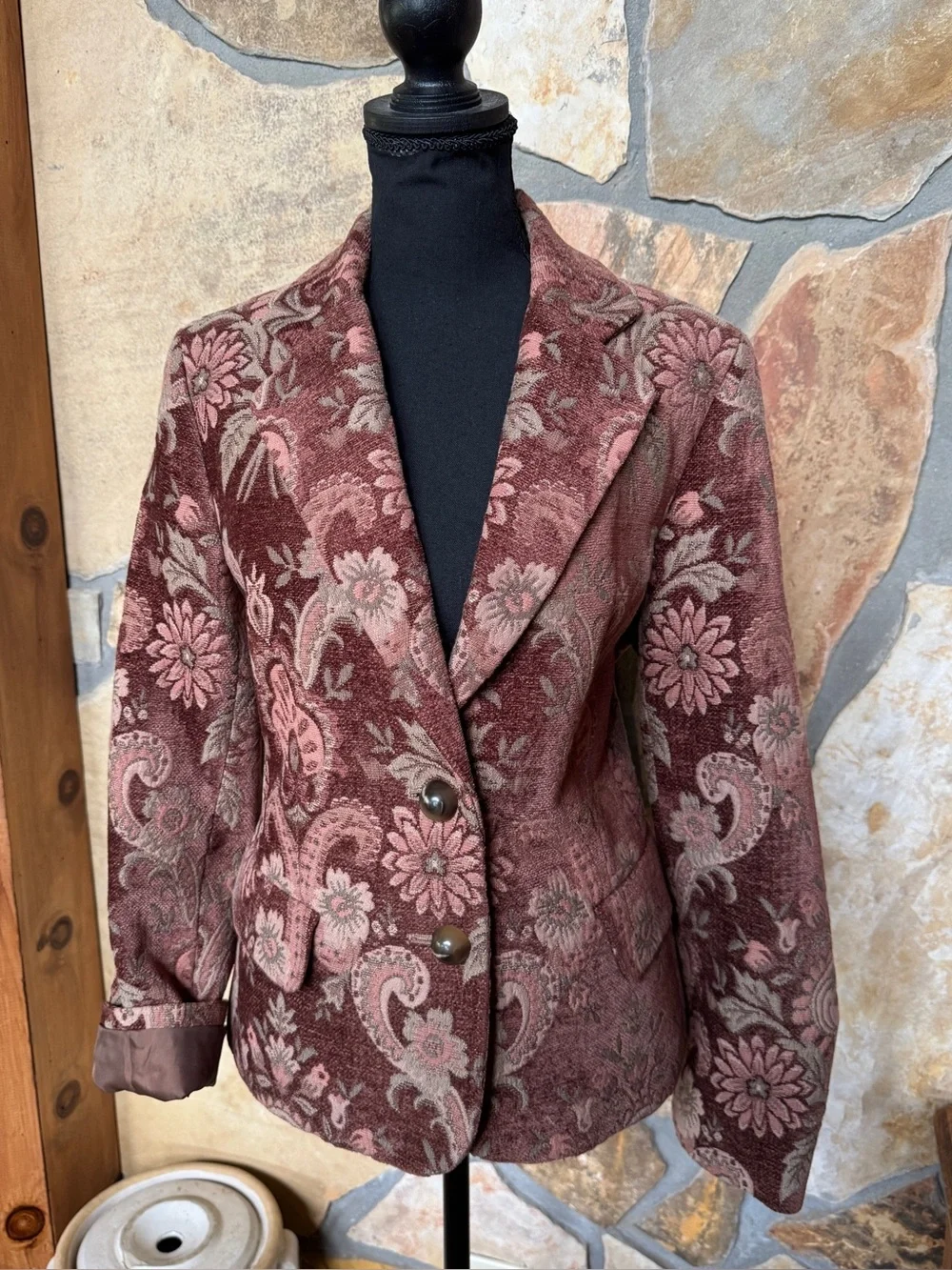 Tapestry Brocade KASPER Blazer Jacket Mauve-Brown Floral Paisley Pattern Size 12